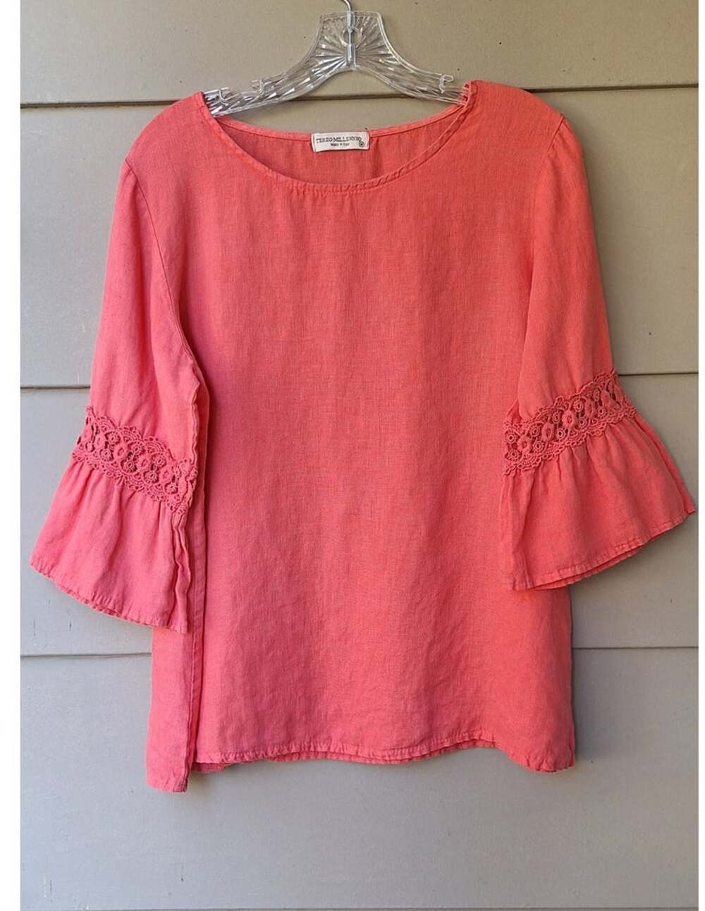 Terzo Millennio made Italy 100% Linen Coral Pink Bell Sleeves Floral Lace Top M